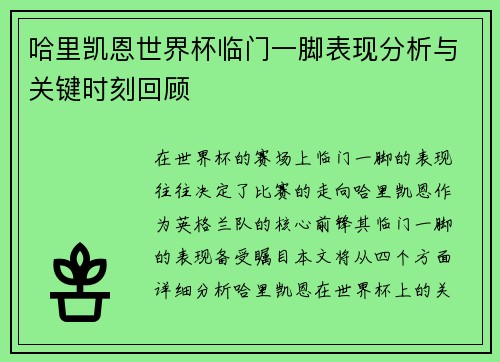 哈里凯恩世界杯临门一脚表现分析与关键时刻回顾