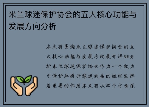 米兰球迷保护协会的五大核心功能与发展方向分析