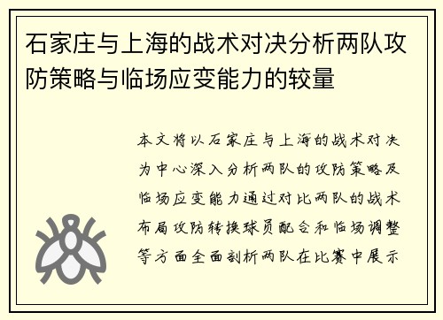 石家庄与上海的战术对决分析两队攻防策略与临场应变能力的较量